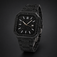 Men’s Stepped-Link Square Quartz Watch — Black professional studio front view