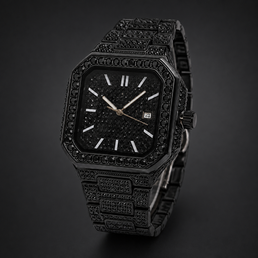 Men’s Stepped-Link Square Quartz Watch — Black professional studio front view