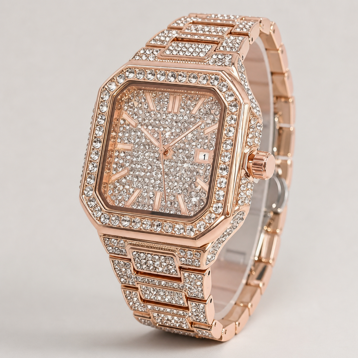 Men’s Stepped-Link Square Quartz Watch — Rose gold professional studio front view