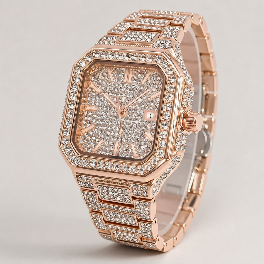 Men’s Stepped-Link Square Quartz Watch — Rose gold professional studio front view
