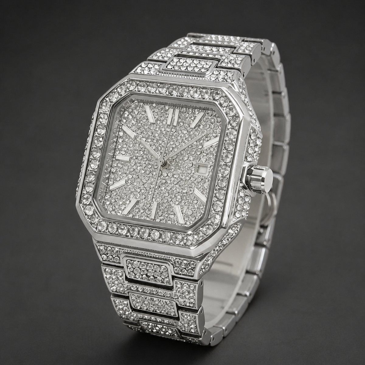 Men’s Stepped-Link Square Quartz Watch — Silver professional studio front view