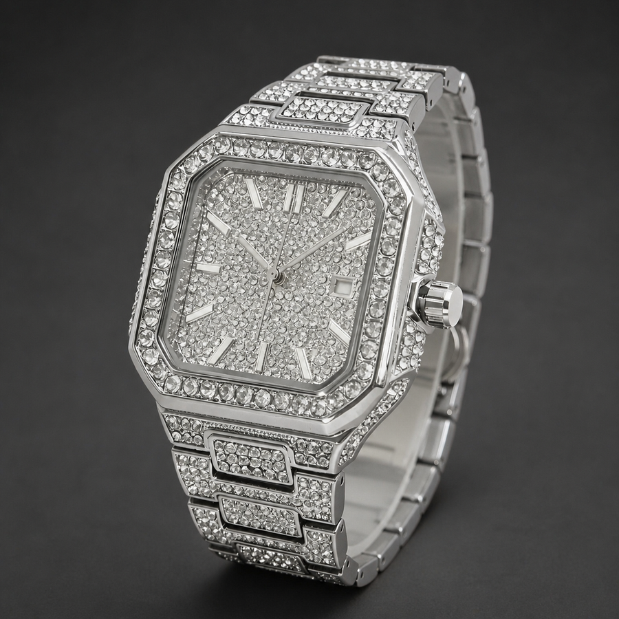 Men’s Stepped-Link Square Quartz Watch — Silver professional studio front view