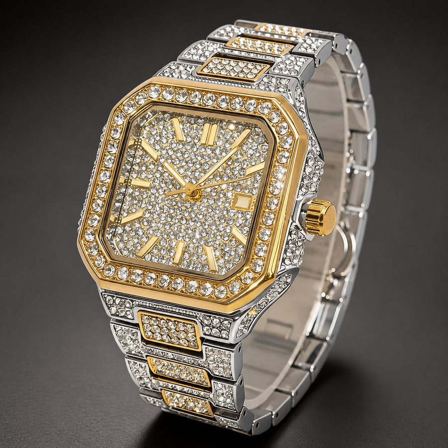 Men’s Stepped-Link Square Quartz Watch — Golden two-tone professional studio front view