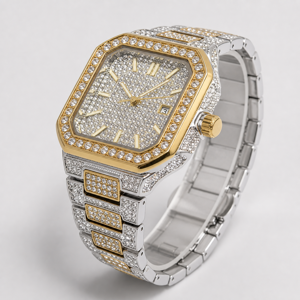 Men’s Stepped-Link Square Quartz Watch — Golden two-tone professional studio alternate view