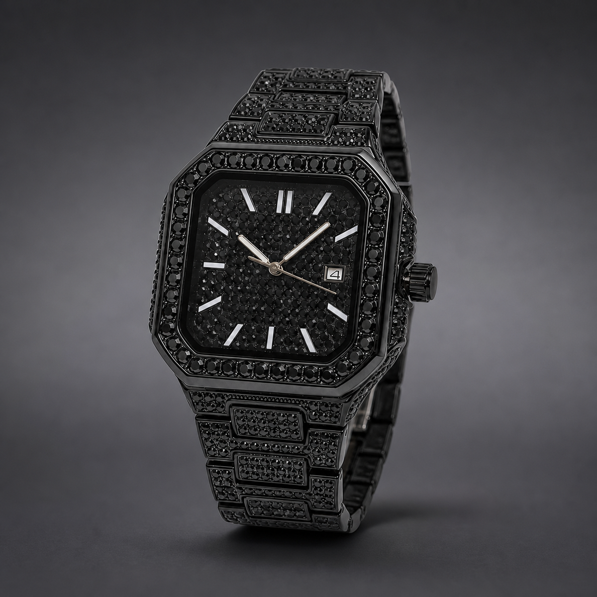 Men’s Stepped-Link Square Quartz Watch — Black professional studio alternate view