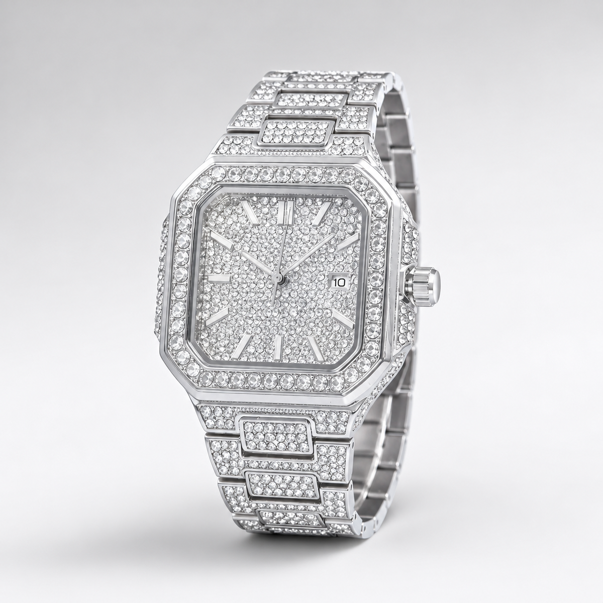 Men’s Stepped-Link Square Quartz Watch — Silver professional studio alternate view