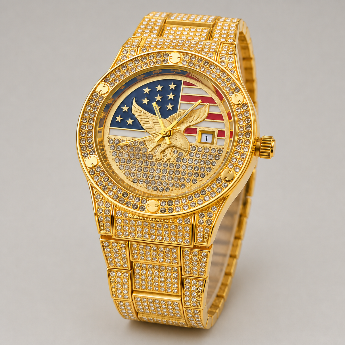 Men’s Eagle Flag-Motif Quartz Watch — Gold professional studio front view