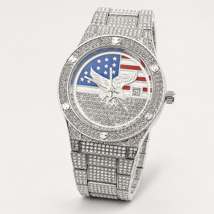 Men’s Eagle Flag-Motif Quartz Watch — Silver professional studio front view