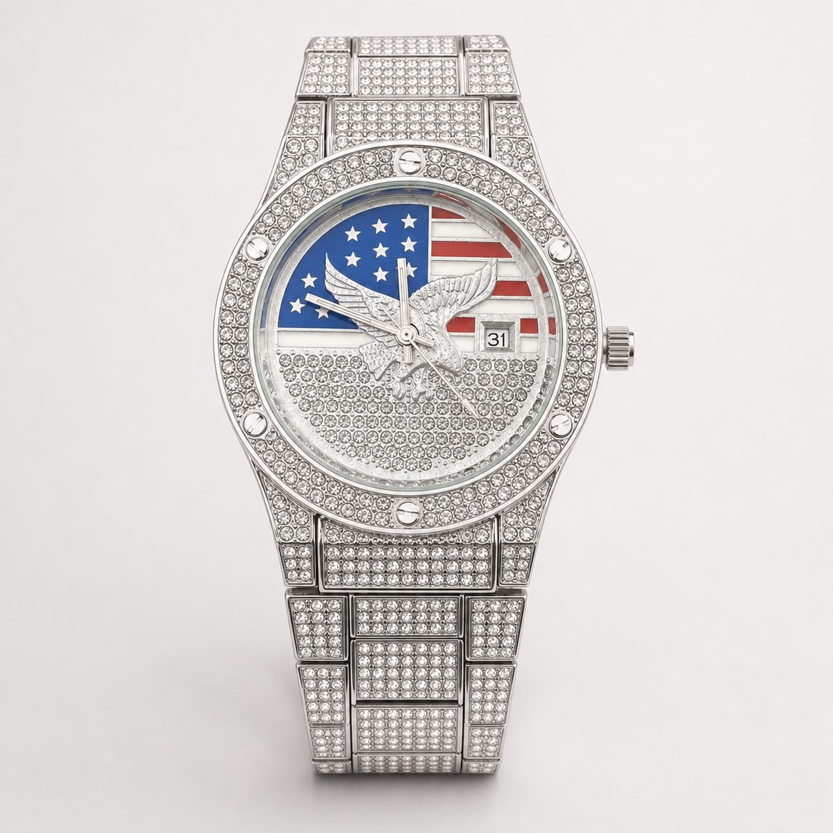 Men’s Eagle Flag-Motif Quartz Watch — Silver professional studio alternate view