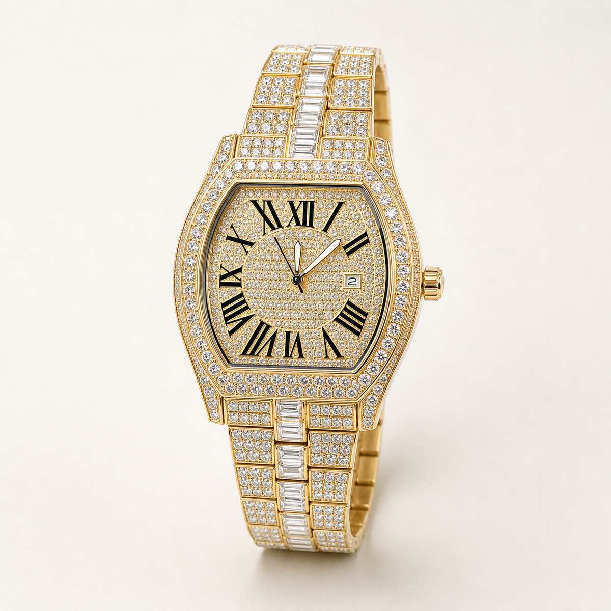 Men’s Roman Numeral Cushion Quartz Watch — Gold studio front hero