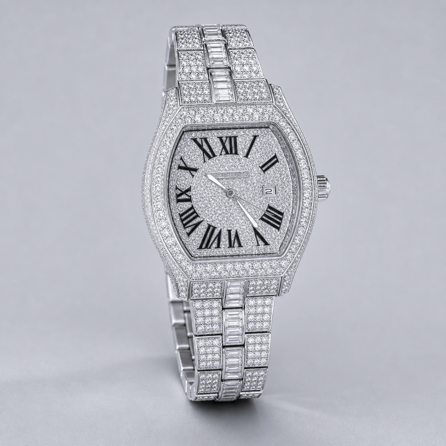 Men’s Roman Numeral Cushion Quartz Watch — Silver studio front hero