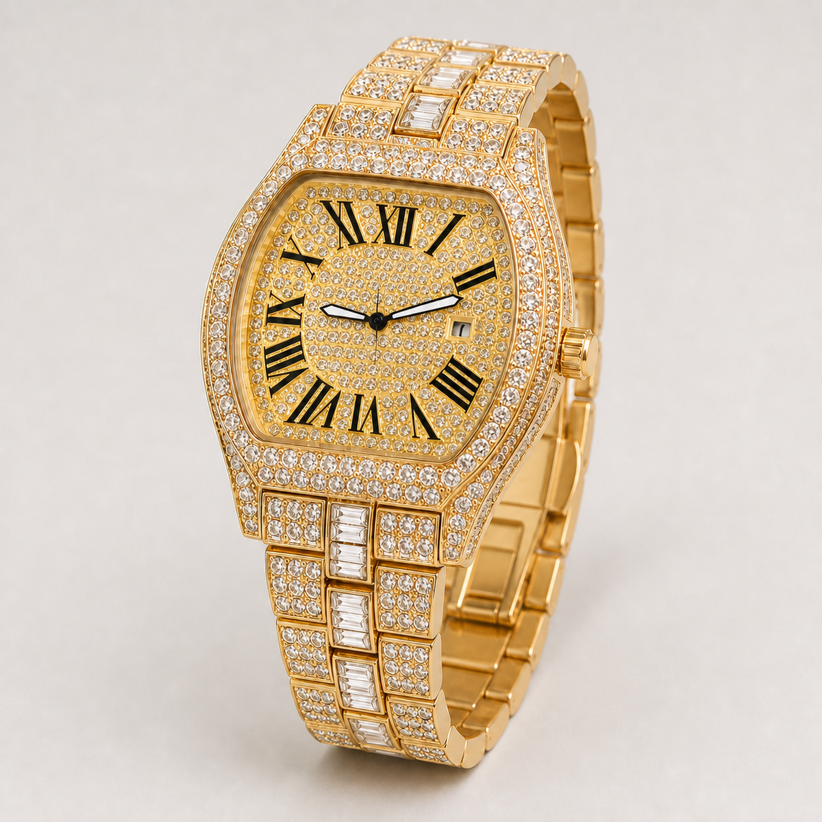 Men’s Roman Numeral Cushion Quartz Watch — Gold studio three-quarter view