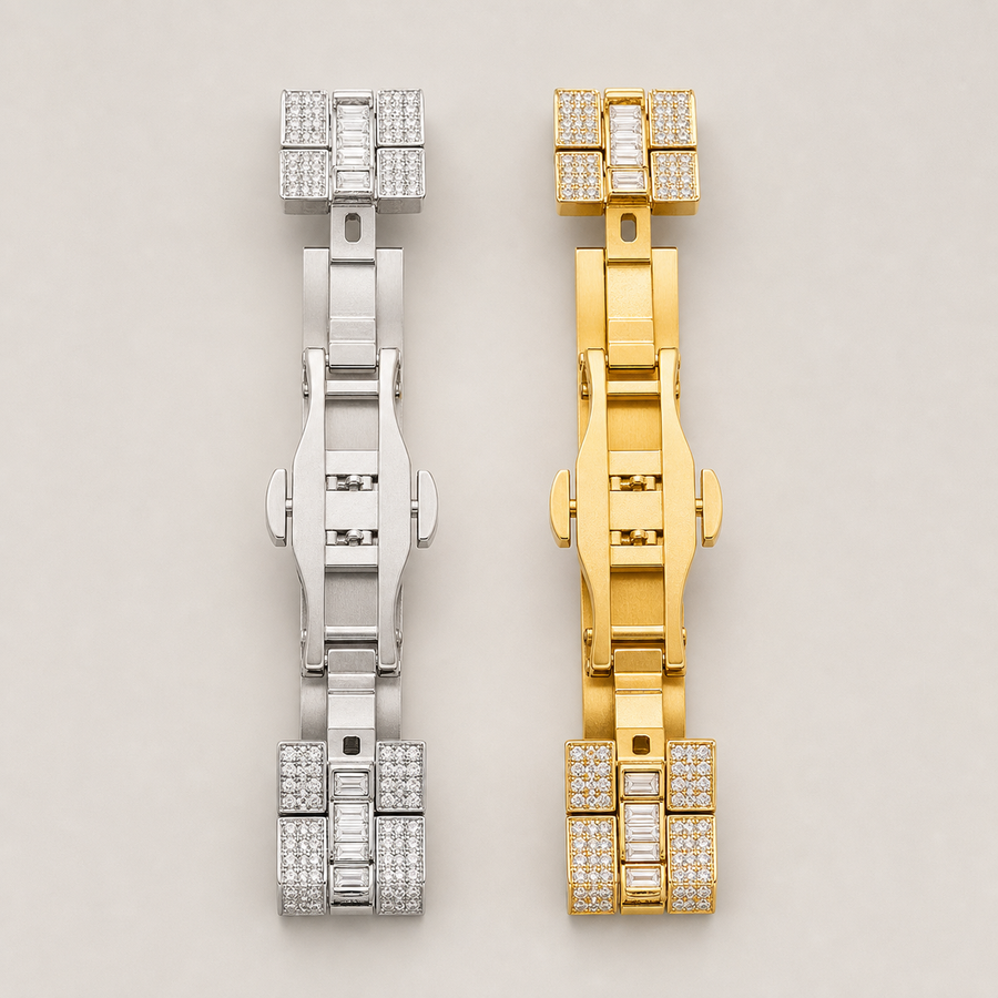Men’s Roman Numeral Cushion Quartz Watch — Silver and Gold bracelet detail comparison
