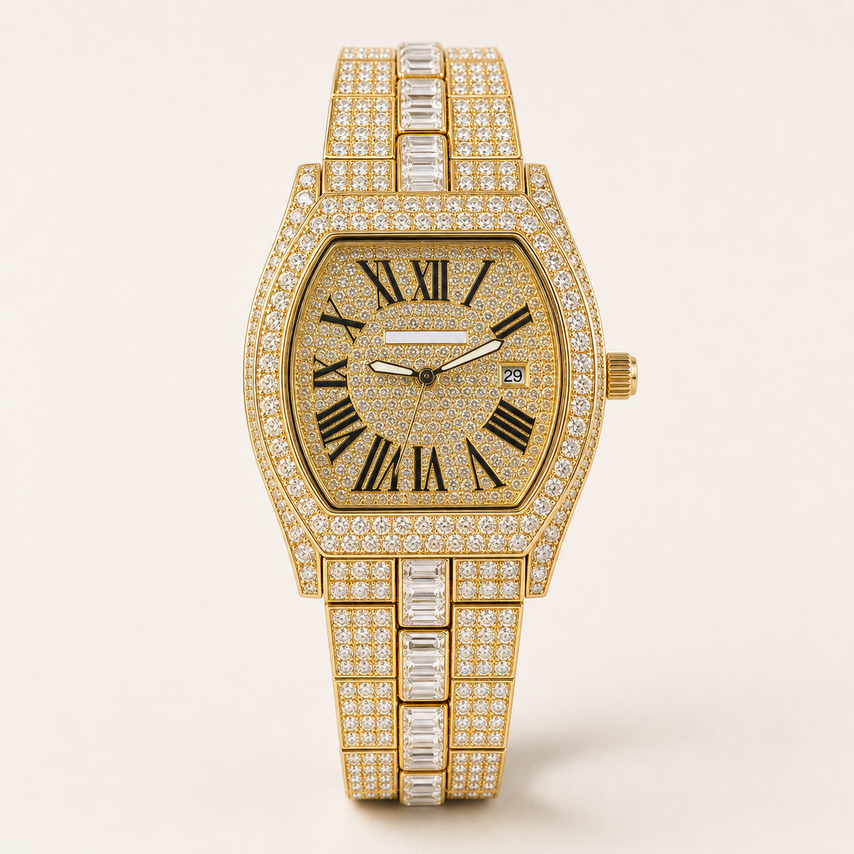 Men’s Roman Numeral Cushion Quartz Watch — Gold studio front alternate
