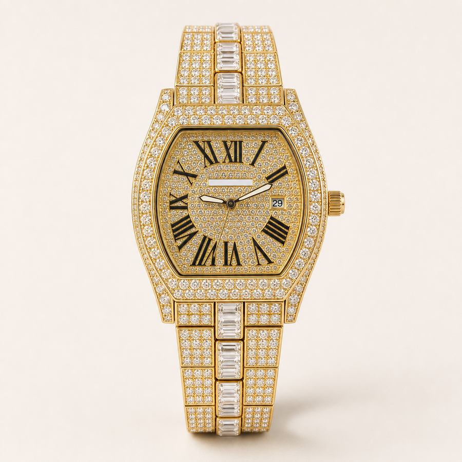 Men’s Roman Numeral Cushion Quartz Watch — Gold studio front alternate