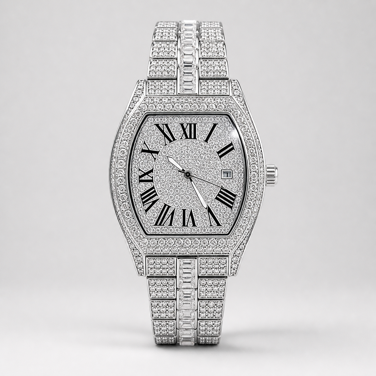 Men’s Roman Numeral Cushion Quartz Watch — Silver studio front alternate