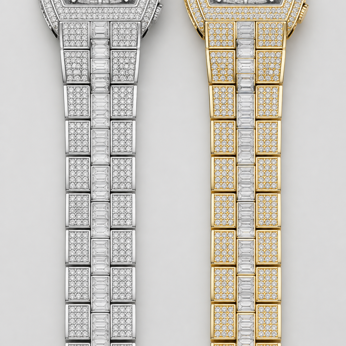 Men’s Roman Numeral Cushion Quartz Watch — Silver and Gold bracelet comparison