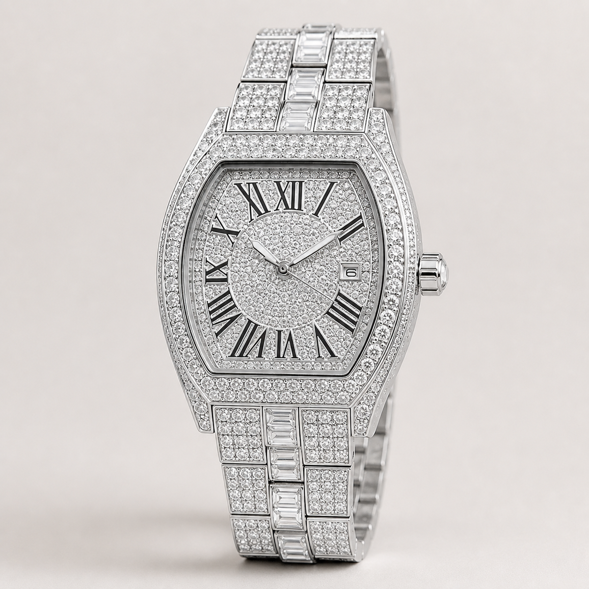 Men’s Roman Numeral Cushion Quartz Watch — Silver studio three-quarter alternate