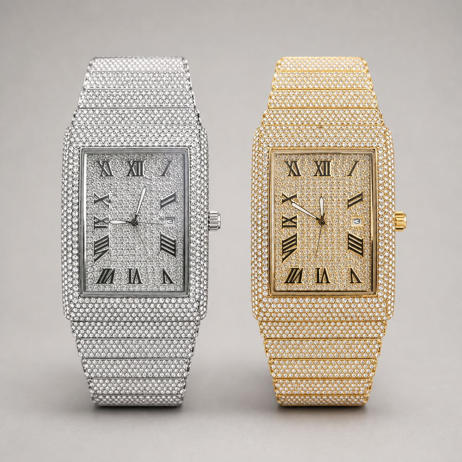 Silver-tone and gold-tone rectangular watches with Roman numeral dials and date windows