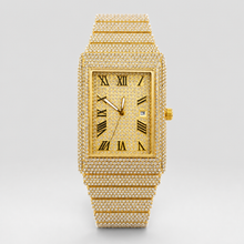 Front view of gold-tone rectangular watch with Roman numeral dial and date window