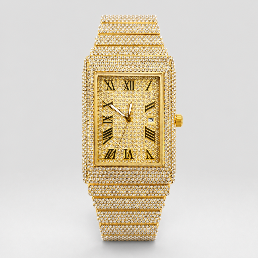 Front view of gold-tone rectangular watch with Roman numeral dial and date window