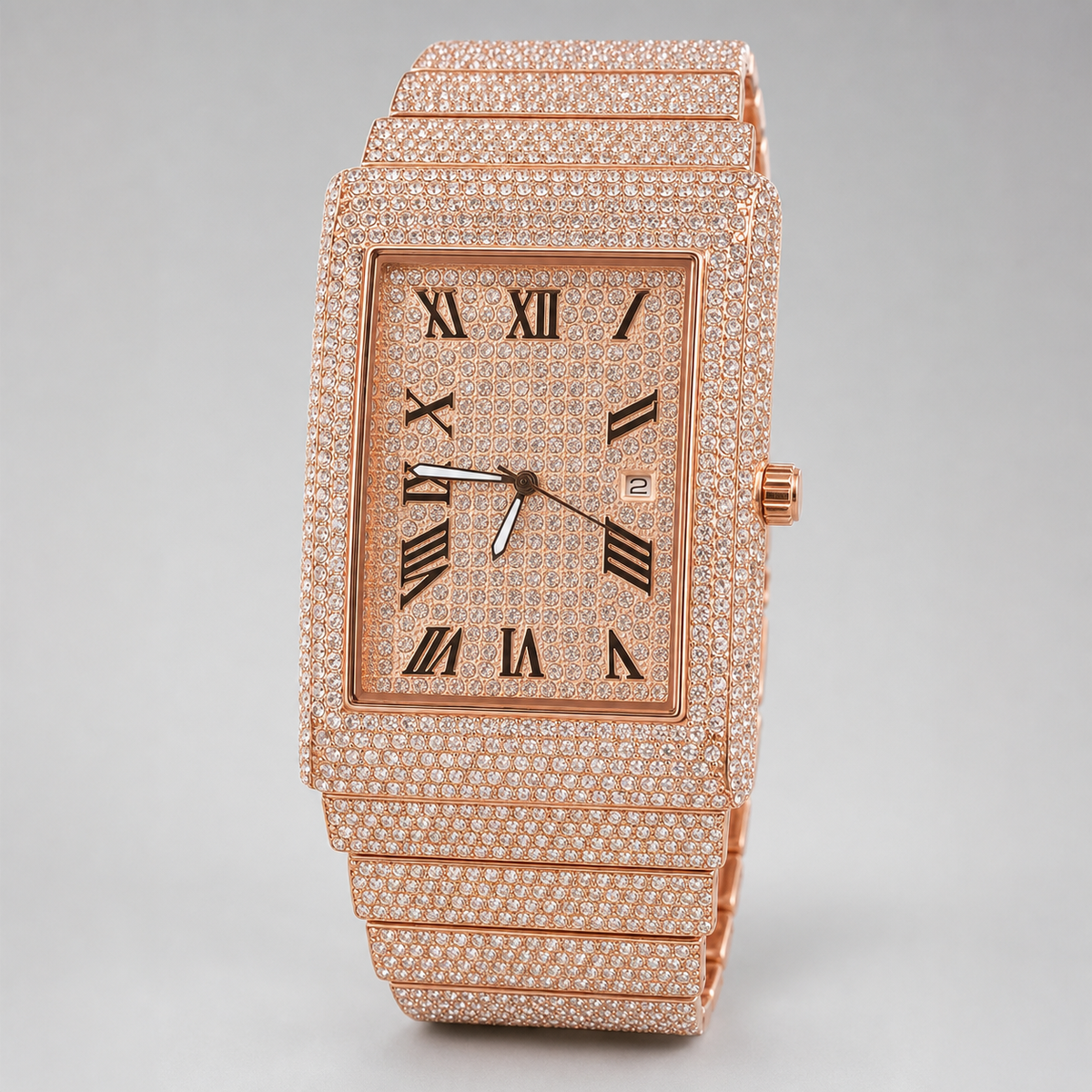 Three-quarter view of rose-gold-tone rectangular watch with Roman numeral dial and date window