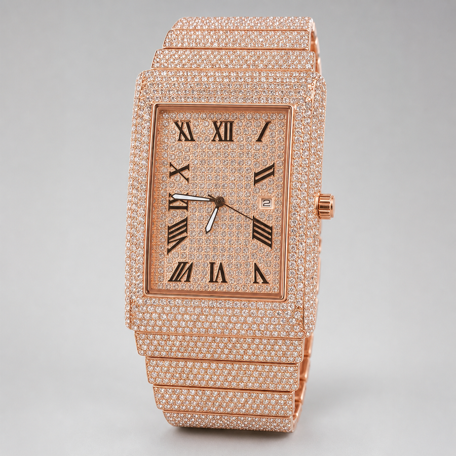 Three-quarter view of rose-gold-tone rectangular watch with Roman numeral dial and date window