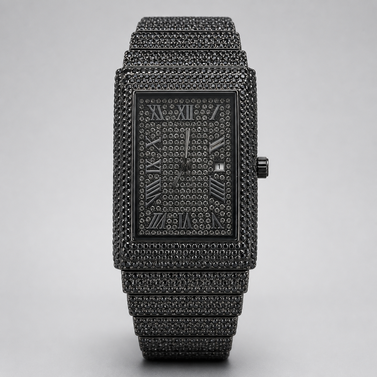 Front view of black rectangular watch with Roman numeral dial and date window