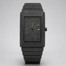 Front view of black rectangular watch with Roman numeral dial and date window