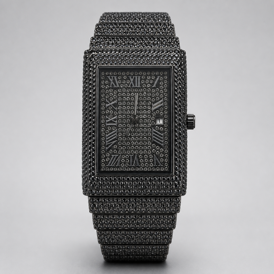 Front view of black rectangular watch with Roman numeral dial and date window