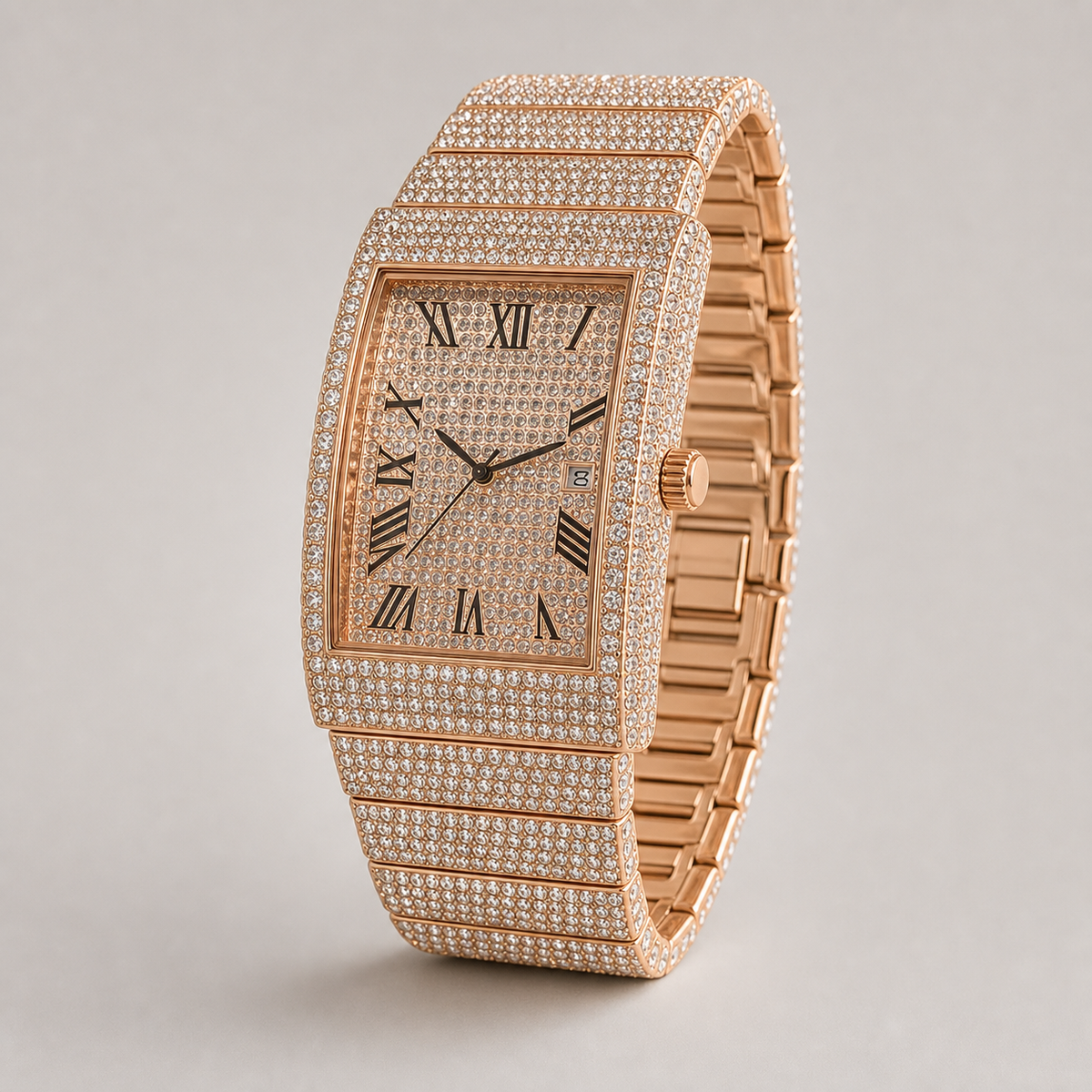 Angled view of rose-gold-tone rectangular watch showing crown and bracelet