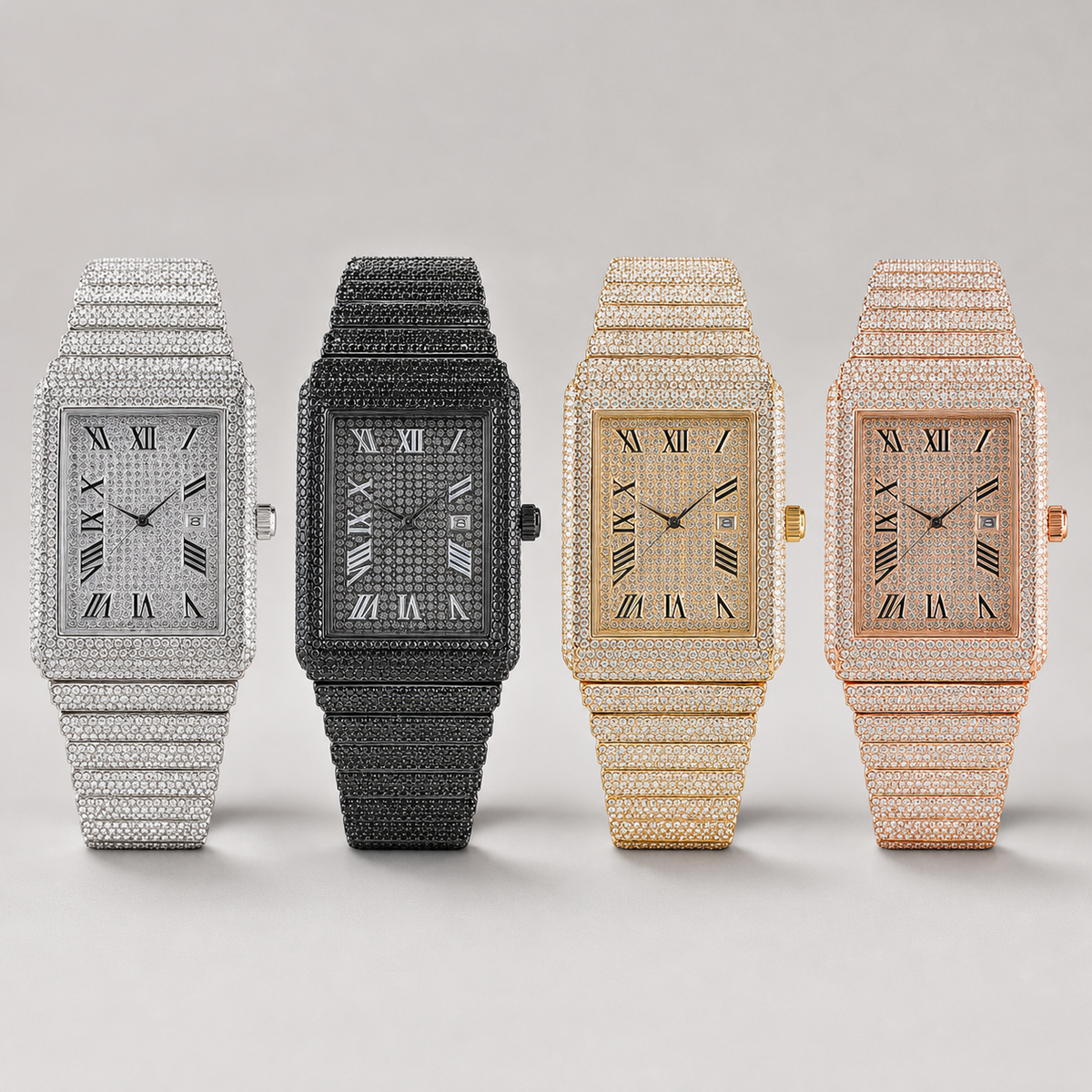 Four rectangular watches in silver-tone, black, gold-tone and rose-gold-tone finishes