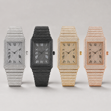 Four rectangular watches in silver-tone, black, gold-tone and rose-gold-tone finishes