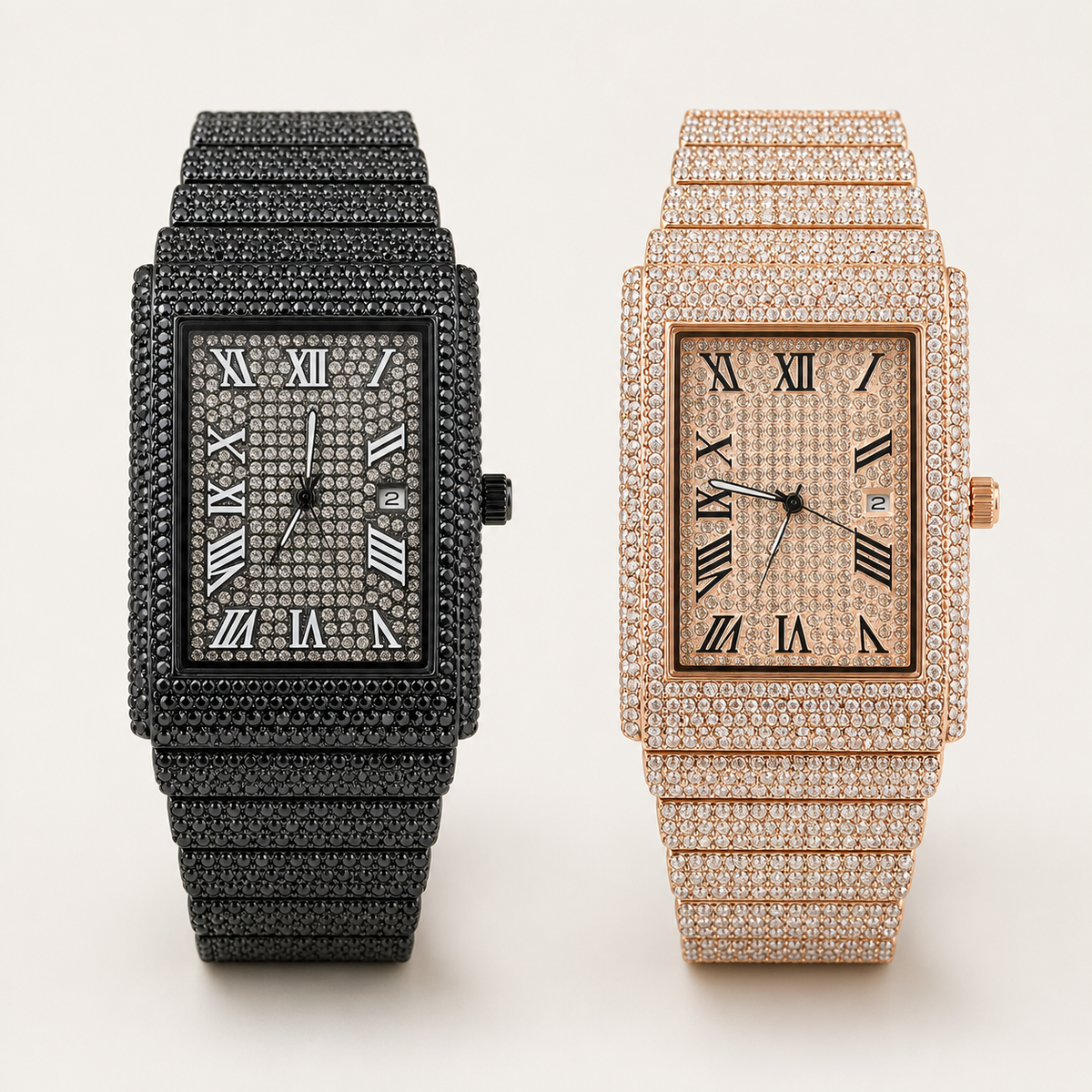 Black and rose-gold-tone rectangular watches with Roman numeral dials and date windows
