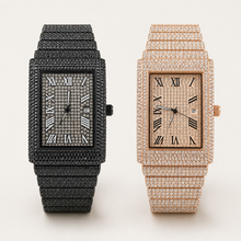 Black and rose-gold-tone rectangular watches with Roman numeral dials and date windows