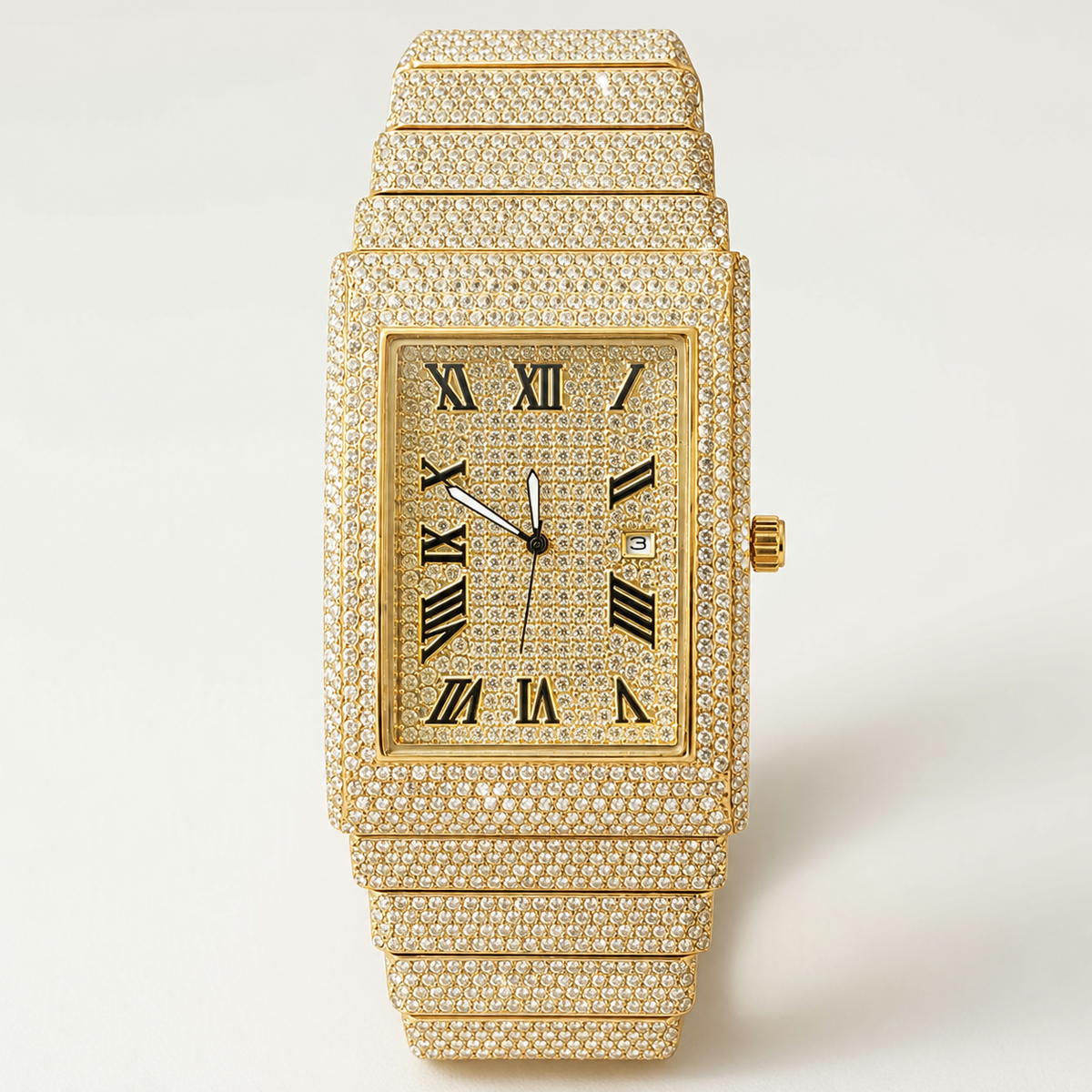 Gold-tone rectangular watch with Roman numeral dial and date window