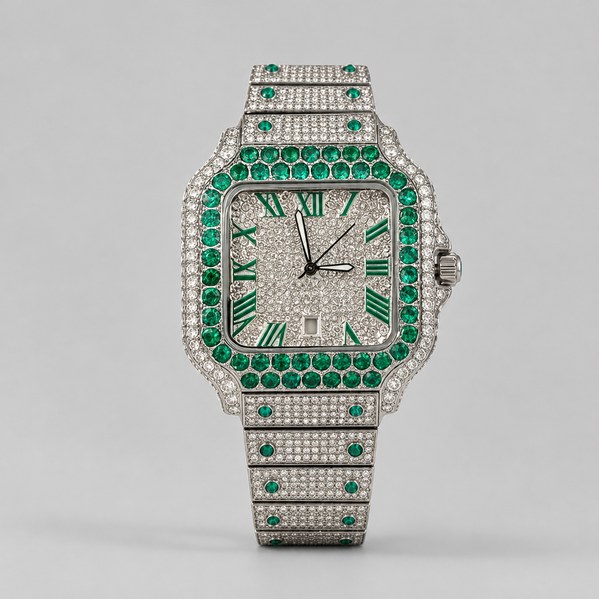 Men’s Roman Cushion Quartz Watch with Colour Halo — Silver / green, product photo 11