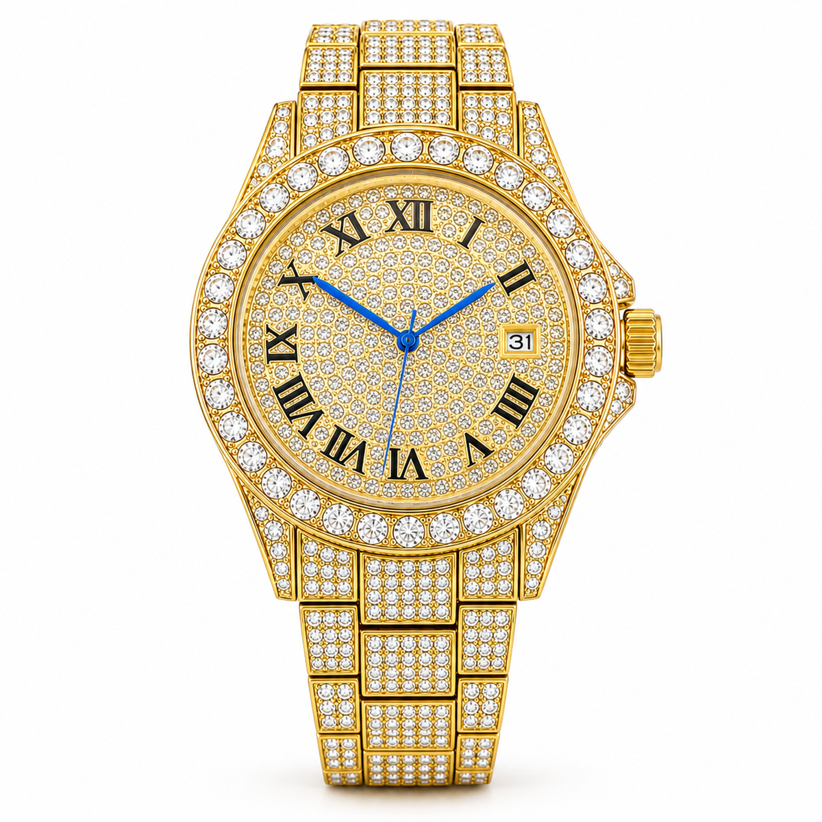 Gold-tone round quartz watch with blue hands, Roman numeral dial and crystal-set bracelet, straight-on front view