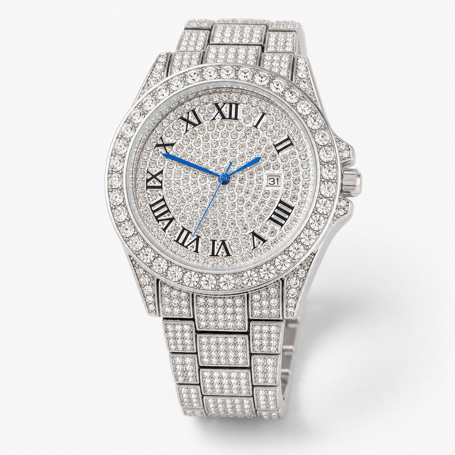 Silver-tone round quartz watch with blue hands and Roman numerals, slightly angled front view