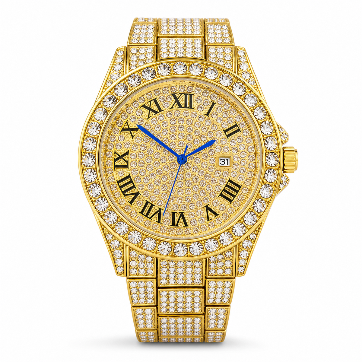 Close front view of the gold-tone round quartz watch with blue hands and crystal-set bracelet