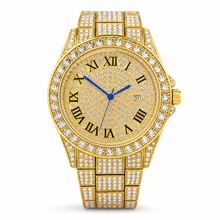 Close front view of the gold-tone round quartz watch with blue hands and crystal-set bracelet