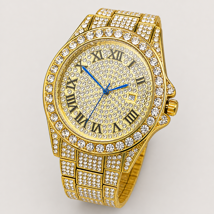Angled view of the gold-tone round quartz watch with blue hands and crystal-set bracelet