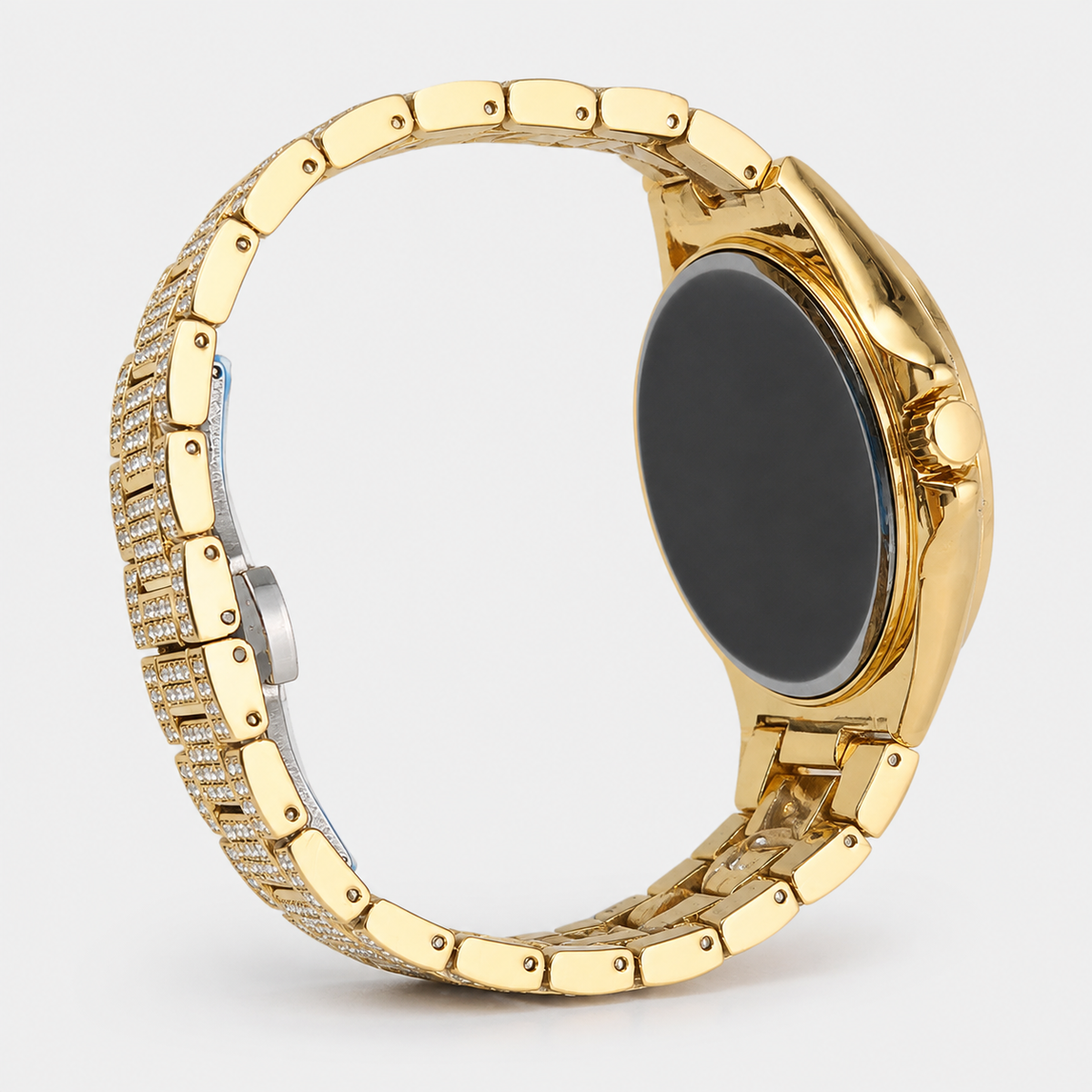 Rear and side view of the gold-tone crystal-set watch bracelet and case