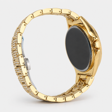 Rear and side view of the gold-tone crystal-set watch bracelet and case