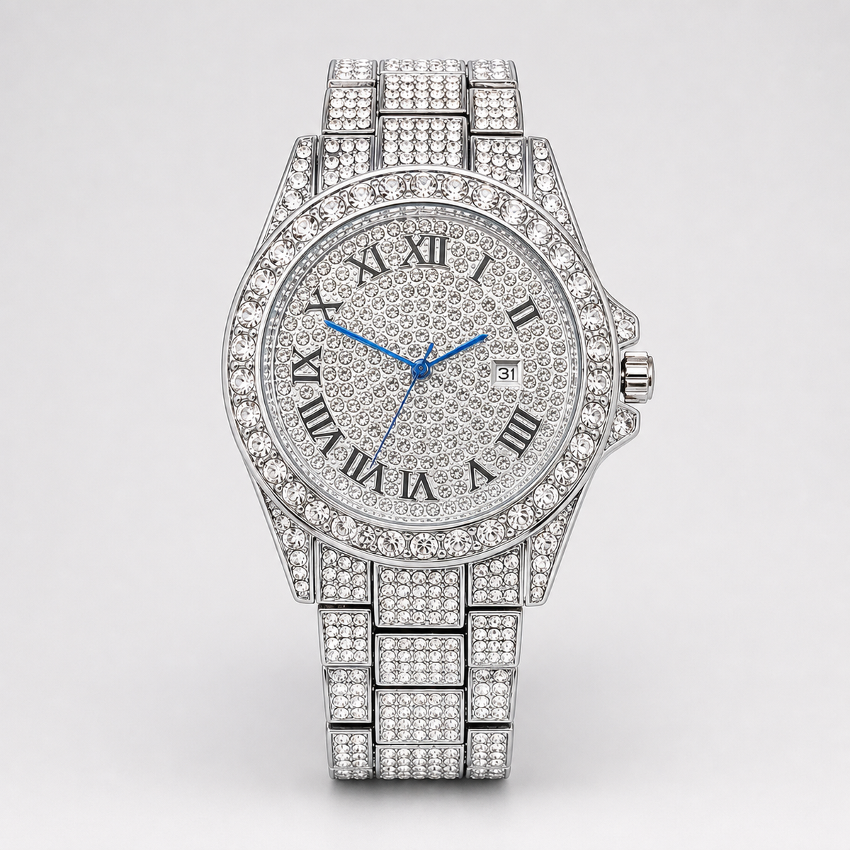 Silver-tone round quartz watch with blue hands and Roman numeral dial, straight-on front view