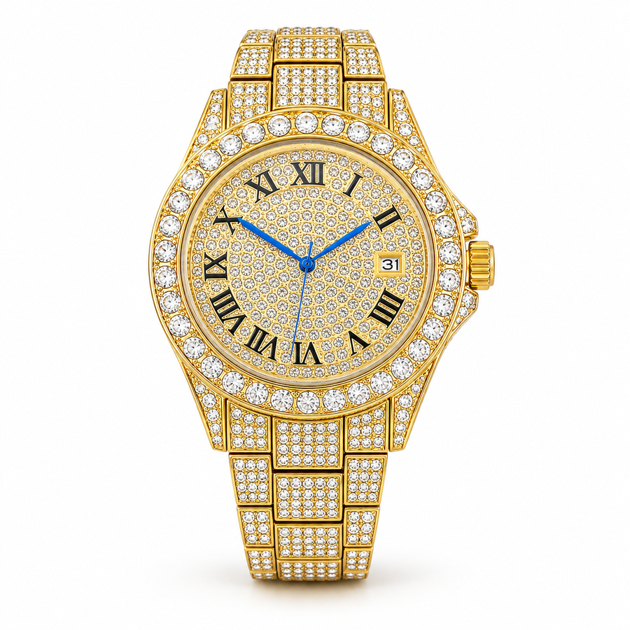 Gold-tone round watch with blue hands, Roman numeral dial and crystal-set bracelet, front view