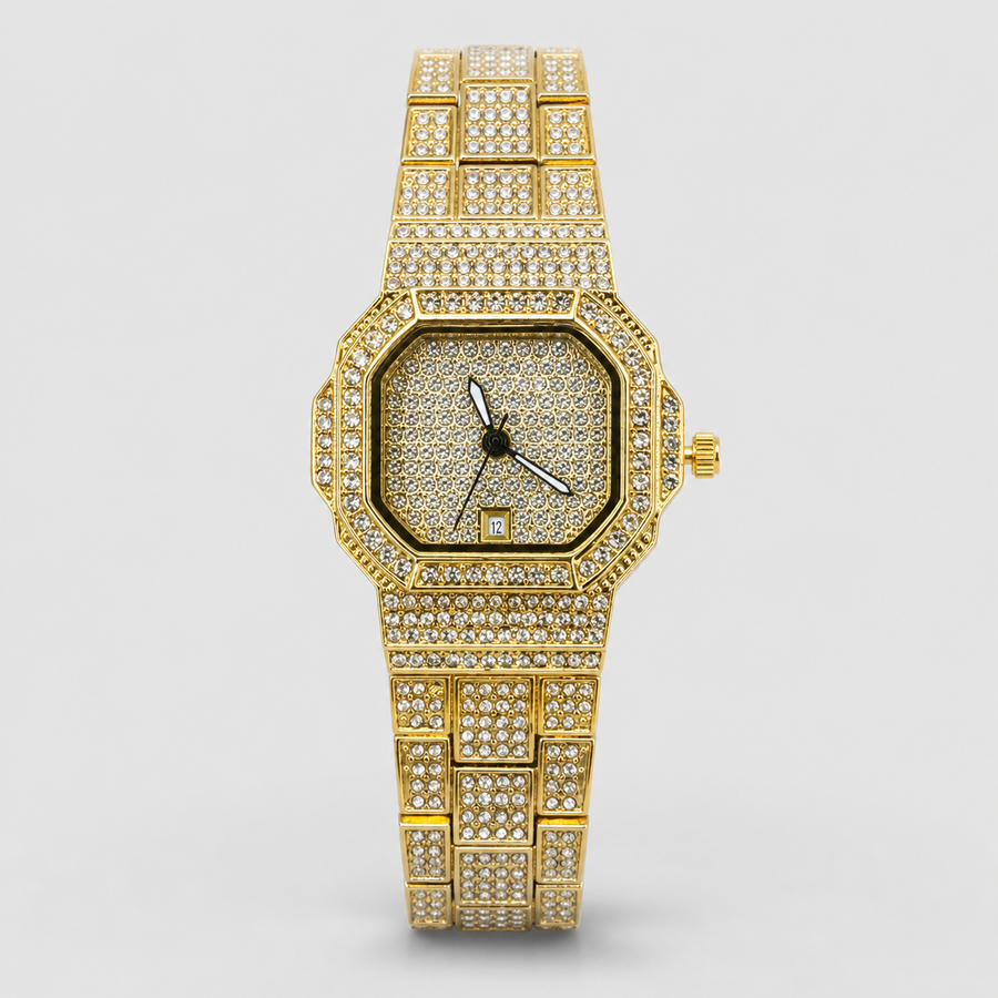 Gold-tone women’s octagonal quartz watch with a crystal-set grid bracelet, front view