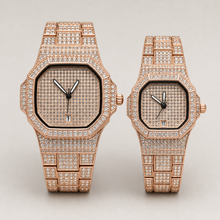 Rose-gold octagonal quartz watches for him and her, displayed side by side