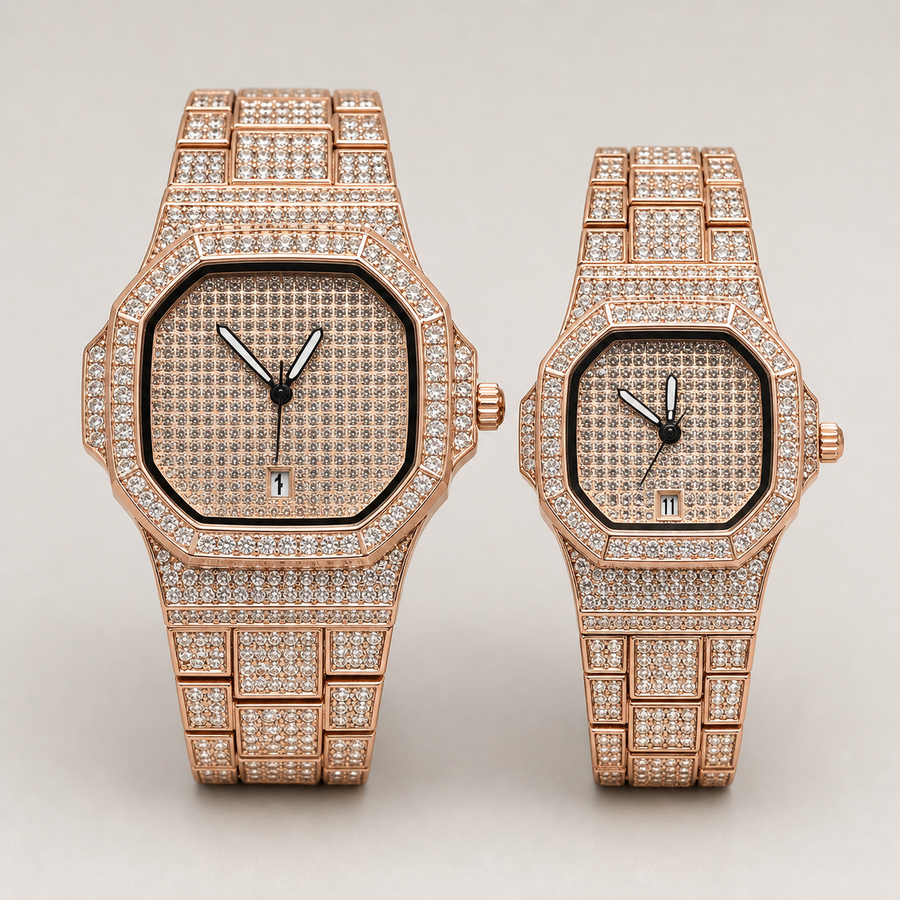 Rose-gold octagonal quartz watches for him and her, displayed side by side