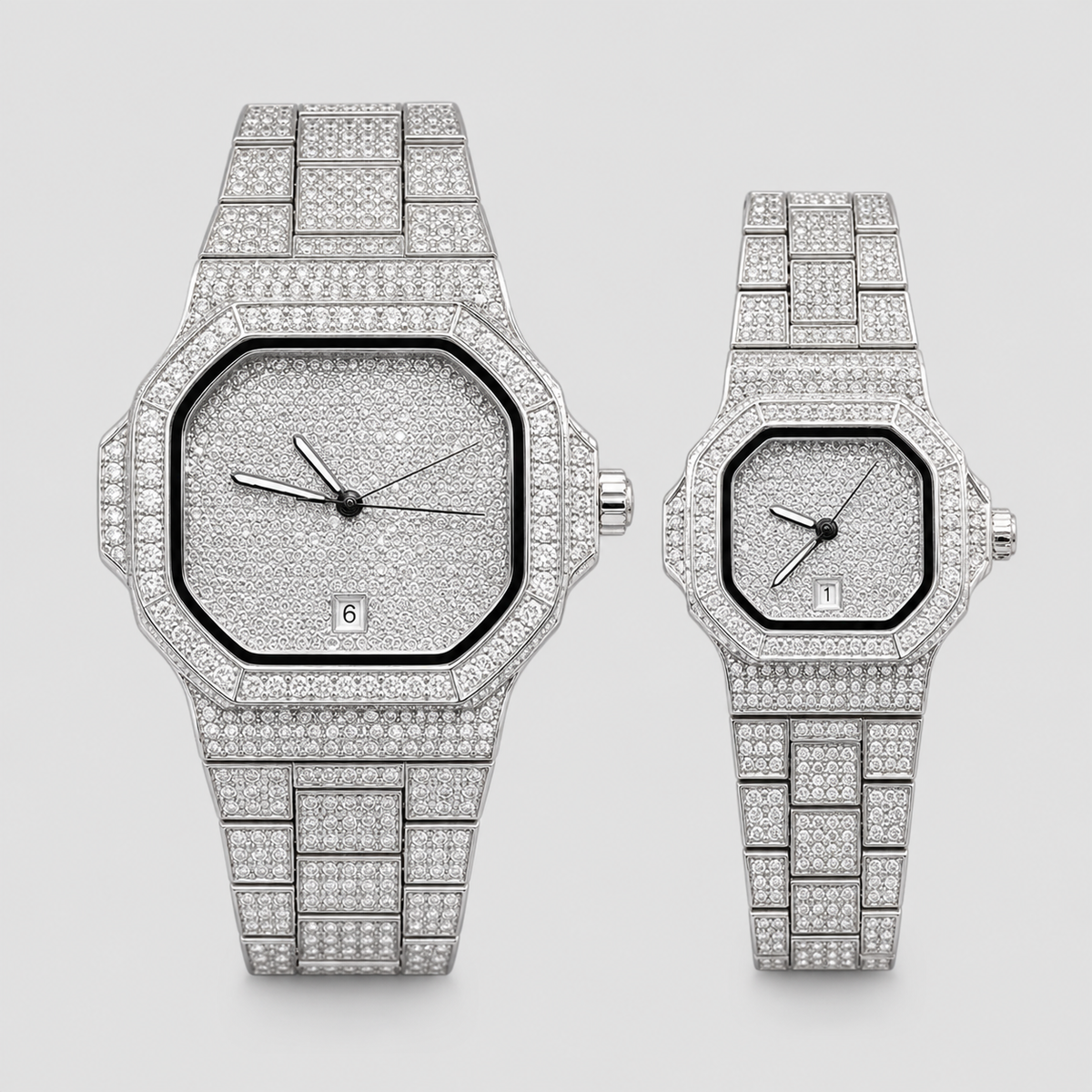 Silver-tone octagonal quartz watches for him and her, displayed side by side